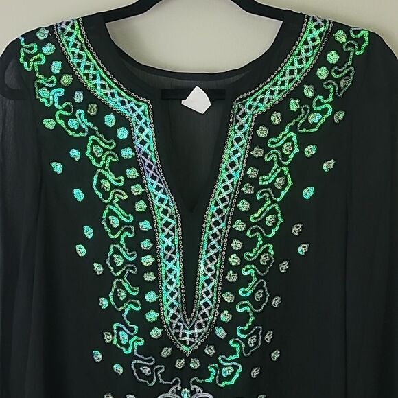 Venus Black Long Sleeve Sheer Tunic/ beach cover up with Sequins. Size Small - Picture 3 of 7